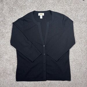 Talbots Sweater Cardigan‎ Women’s Medium Black V-neck 3/4 sleeves button Stretch